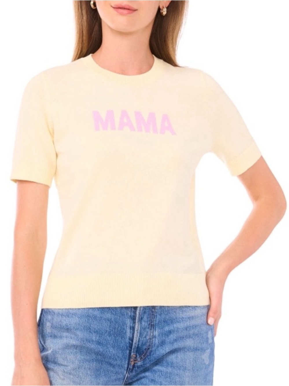 Vince Camuto Cream Short-Sleeve 'MAMA' Knit Top with Pink Logo